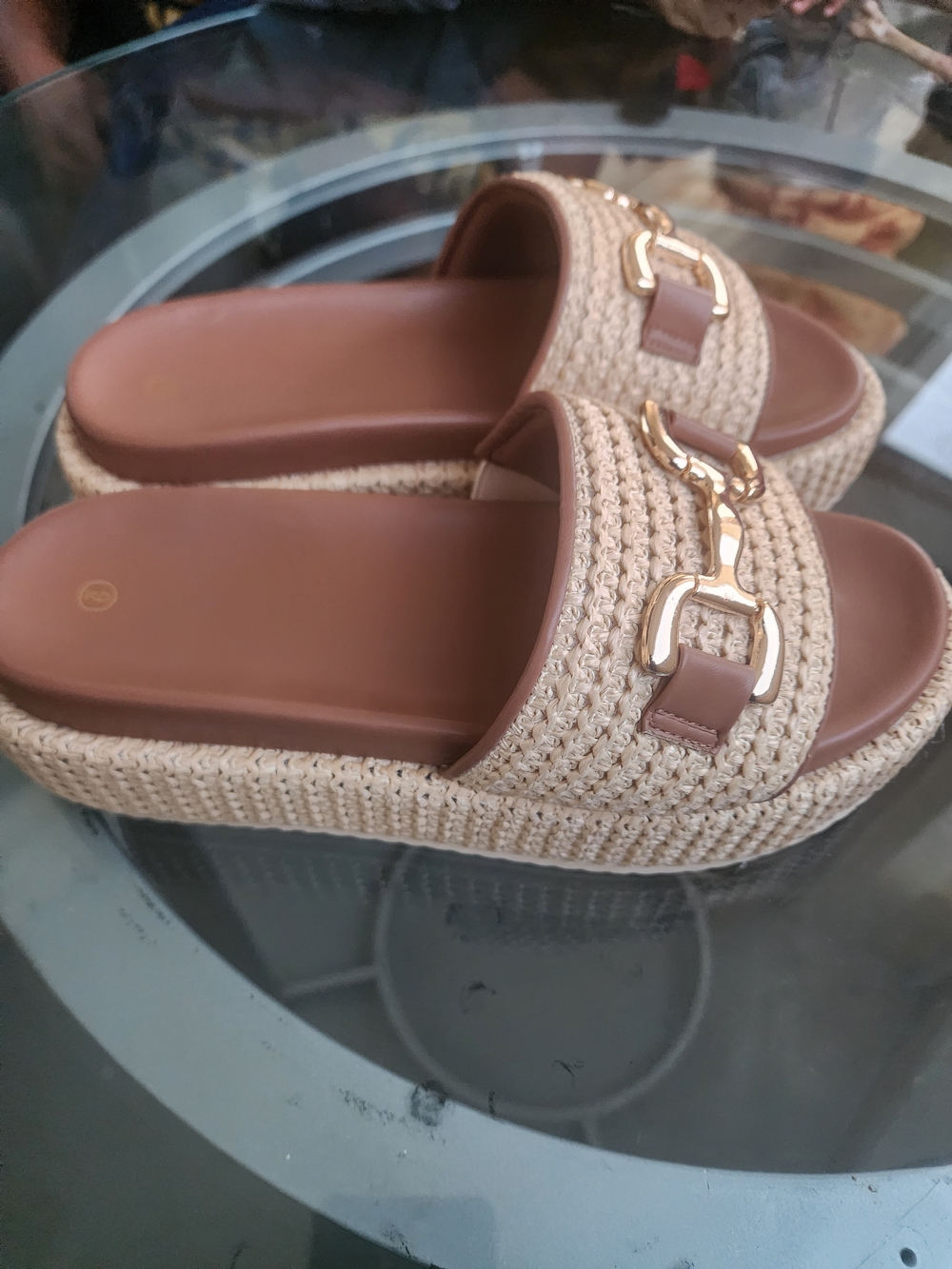 & Other Stories Beige Woven Platform Slide Mules with Gold Buckle